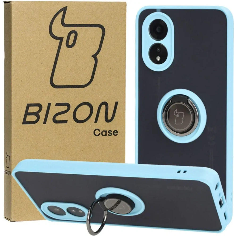 Etui z uchwytem na palec Bizon Case Hybrid Ring do Oppo A38 4G przydymione z jasnoniebieską ramką