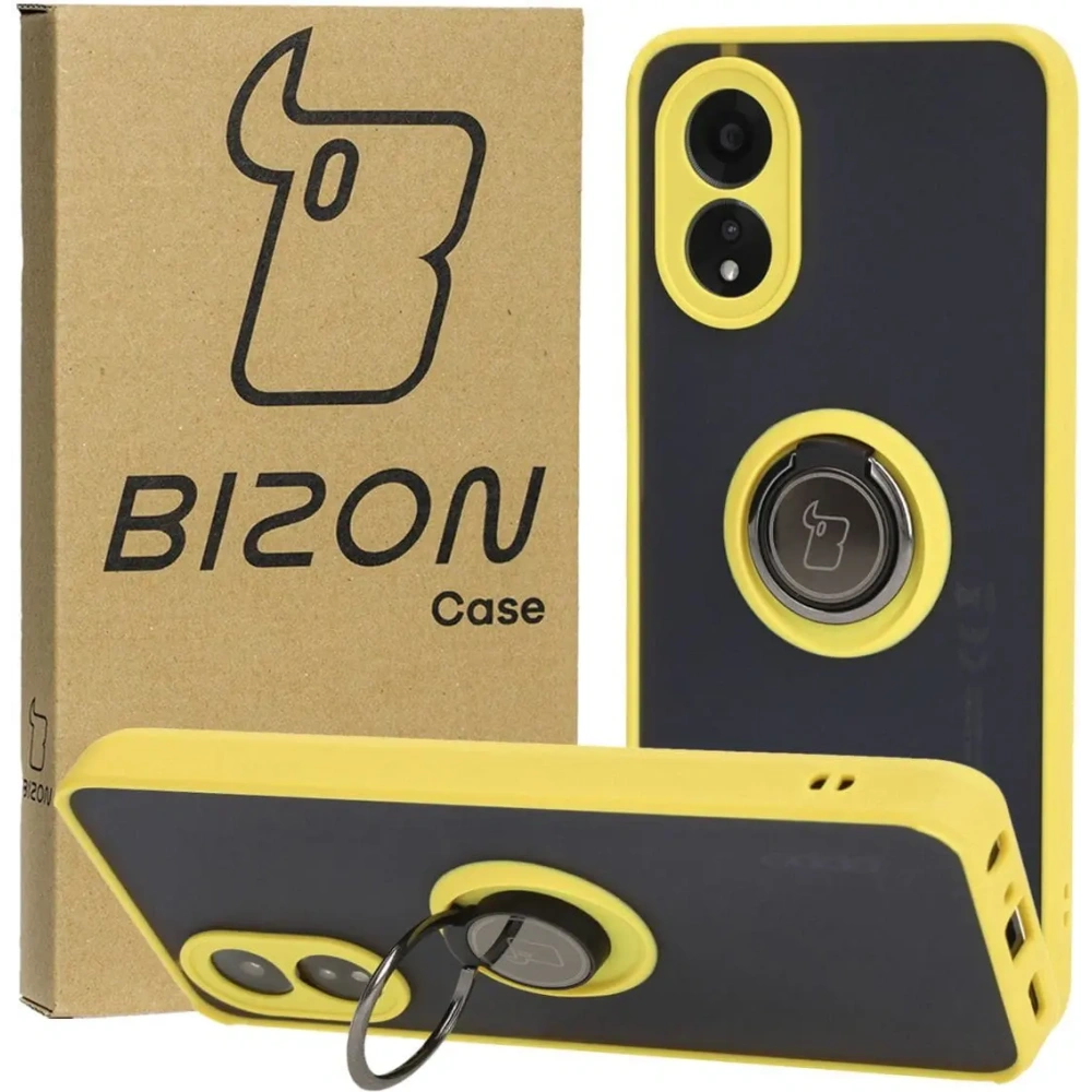 Etui z uchwytem na palec Bizon Case Hybrid Ring do Oppo A38 4G przydymione z żółtą ramką
