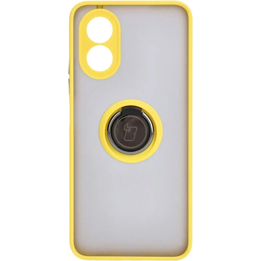 Etui z uchwytem na palec Bizon Case Hybrid Ring do Oppo A38 4G przydymione z żółtą ramką