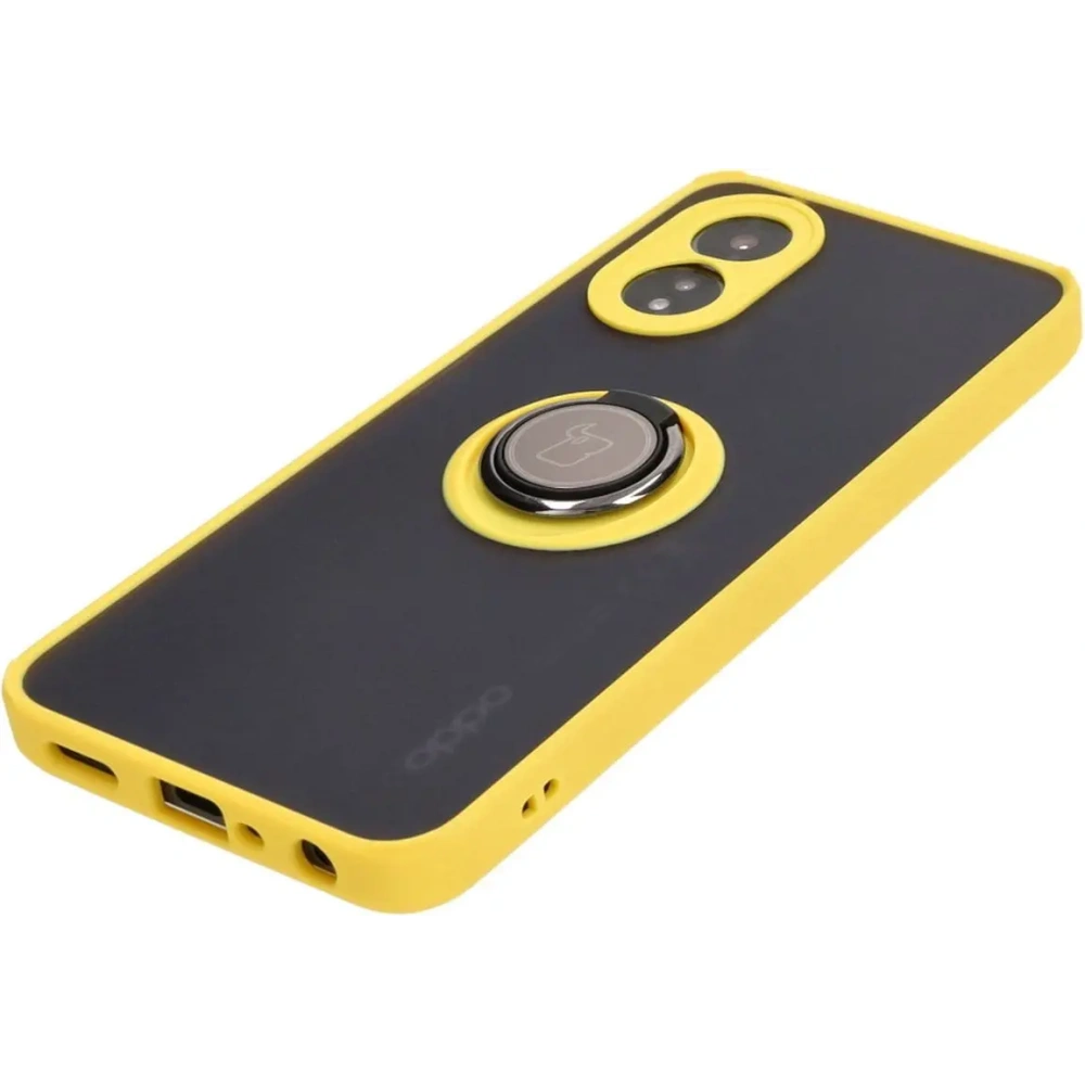 Etui z uchwytem na palec Bizon Case Hybrid Ring do Oppo A38 4G przydymione z żółtą ramką