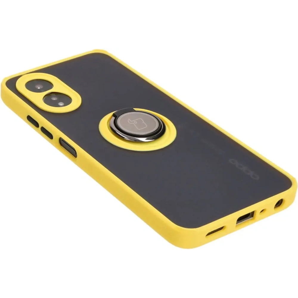 Etui z uchwytem na palec Bizon Case Hybrid Ring do Oppo A38 4G przydymione z żółtą ramką