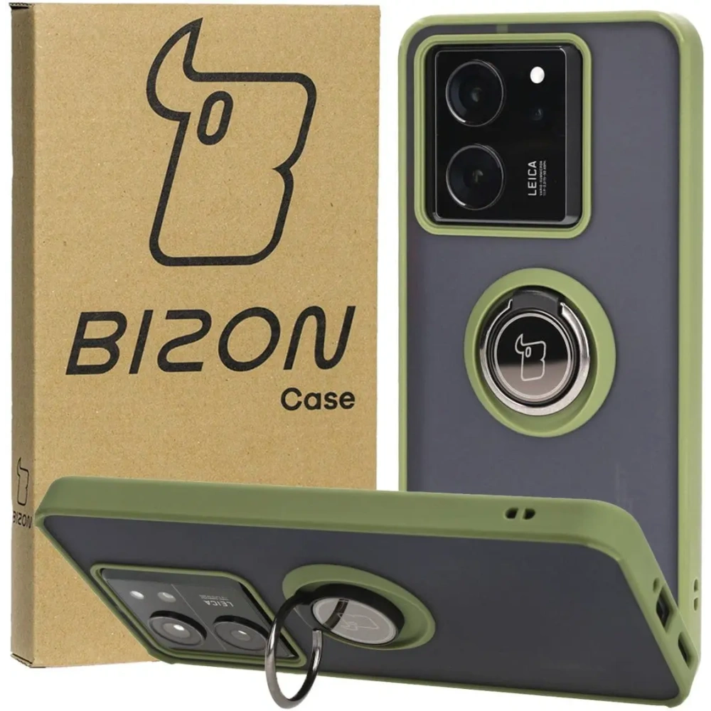 Etui z uchwytem na palec Bizon Case Hybrid Ring do Xiaomi 13T Pro / 13T przydymione z zieloną ramką
