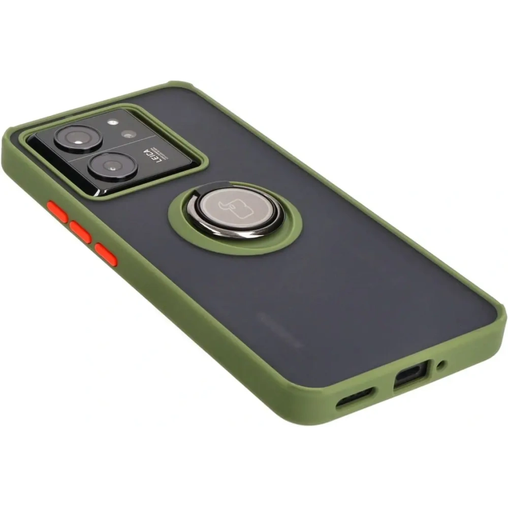 Etui z uchwytem na palec Bizon Case Hybrid Ring do Xiaomi 13T Pro / 13T przydymione z zieloną ramką