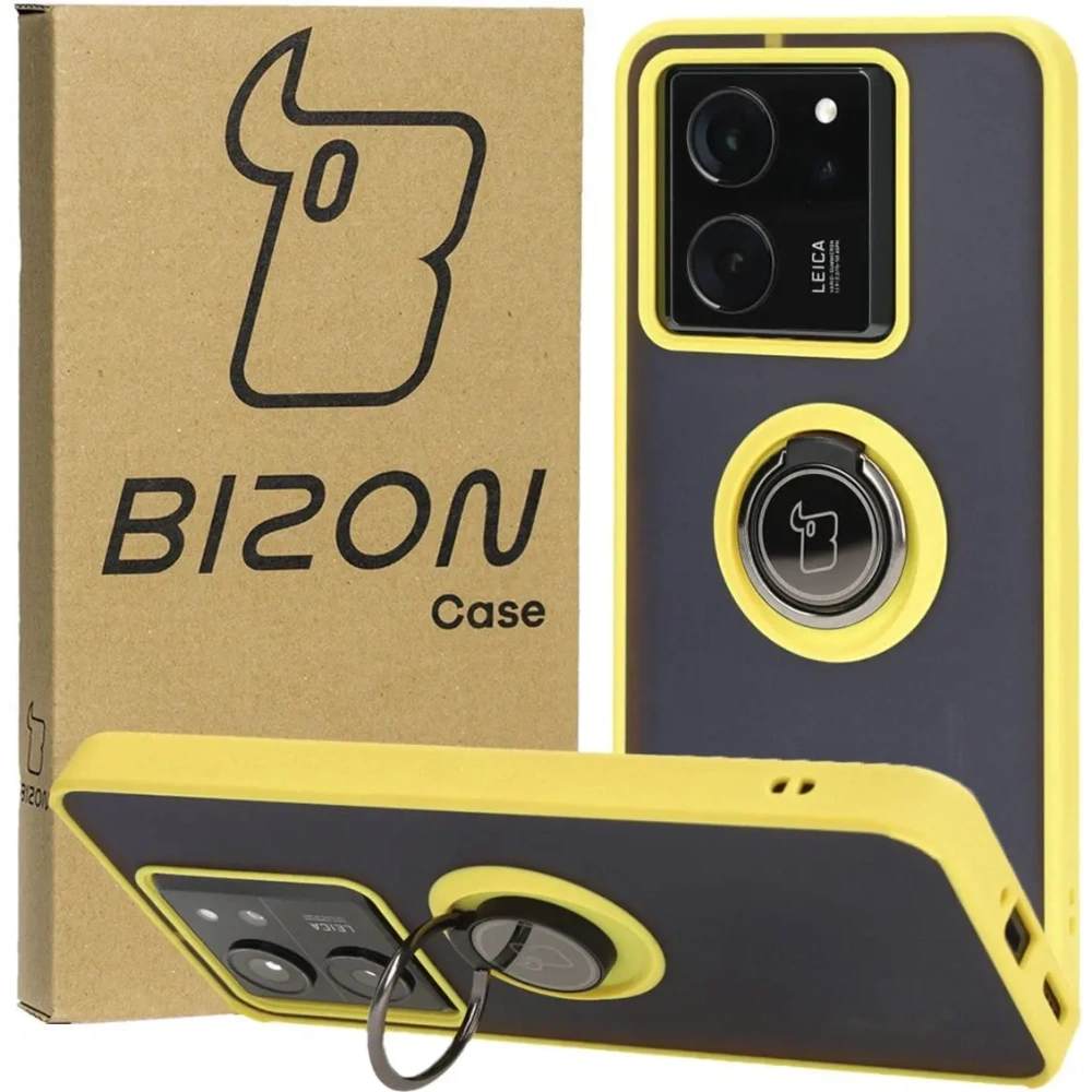 Etui z uchwytem na palec Bizon Case Hybrid Ring do Xiaomi 13T Pro / 13T przydymione z żółtą ramką