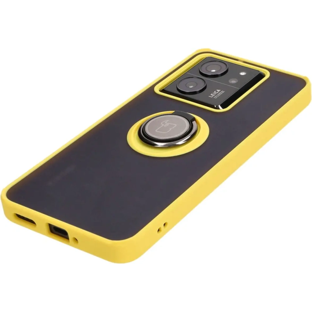 Etui z uchwytem na palec Bizon Case Hybrid Ring do Xiaomi 13T Pro / 13T przydymione z żółtą ramką