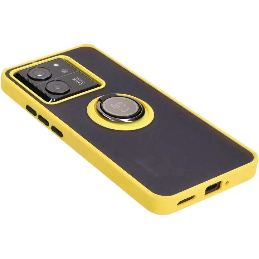 Etui z uchwytem na palec Bizon Case Hybrid Ring do Xiaomi 13T Pro / 13T przydymione z żółtą ramką