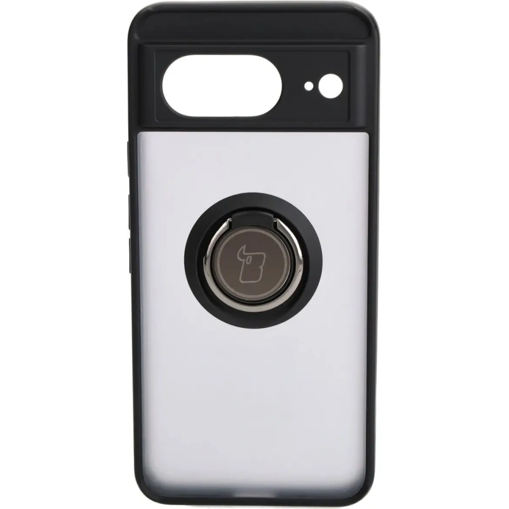 Etui z uchwytem na palec Bizon Case Hybrid Ring do Google Pixel 8 przydymione z czarną ramką