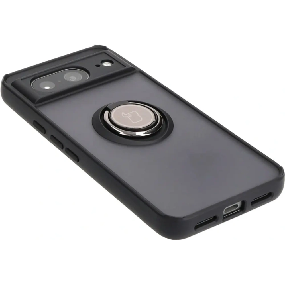 Etui z uchwytem na palec Bizon Case Hybrid Ring do Google Pixel 8 przydymione z czarną ramką
