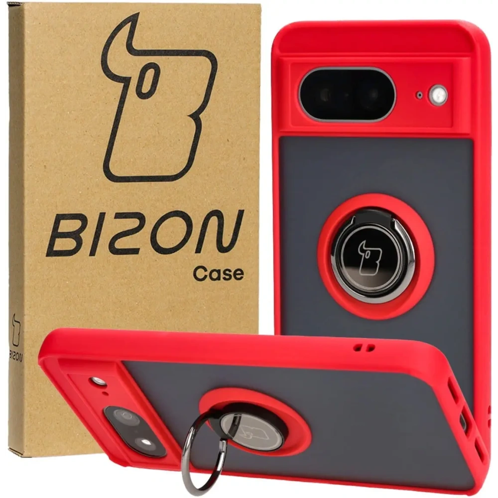 Etui z uchwytem na palec Bizon Case Hybrid Ring do Google Pixel 8 przydymione z czerwoną ramką
