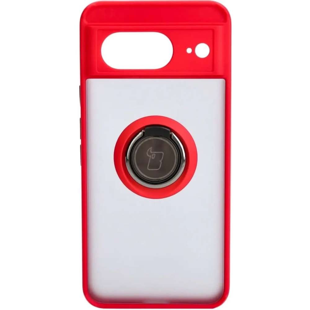 Etui z uchwytem na palec Bizon Case Hybrid Ring do Google Pixel 8 przydymione z czerwoną ramką