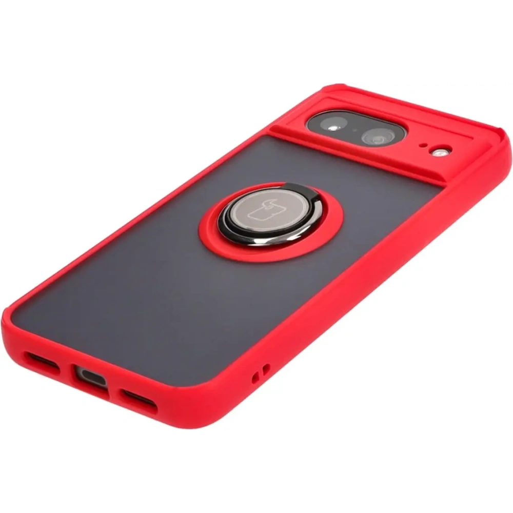 Etui z uchwytem na palec Bizon Case Hybrid Ring do Google Pixel 8 przydymione z czerwoną ramką