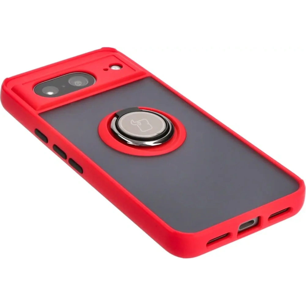 Etui z uchwytem na palec Bizon Case Hybrid Ring do Google Pixel 8 przydymione z czerwoną ramką