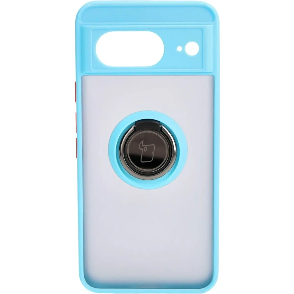 Etui z uchwytem na palec Bizon Case Hybrid Ring do Google Pixel 8 przydymione z jasnoniebieską ramką