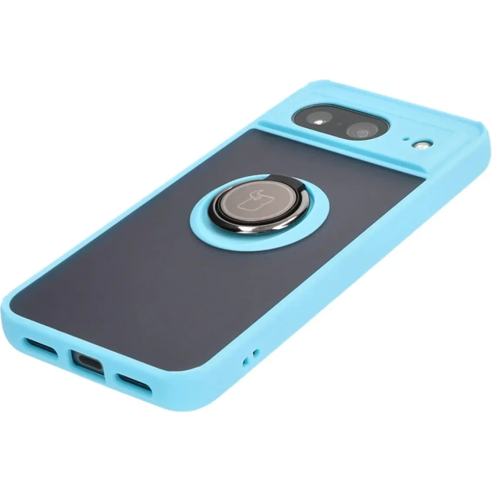 Etui z uchwytem na palec Bizon Case Hybrid Ring do Google Pixel 8 przydymione z jasnoniebieską ramką
