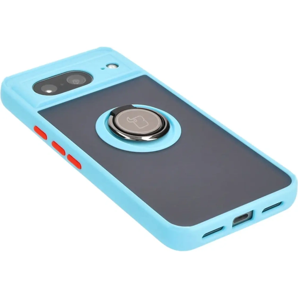 Etui z uchwytem na palec Bizon Case Hybrid Ring do Google Pixel 8 przydymione z jasnoniebieską ramką
