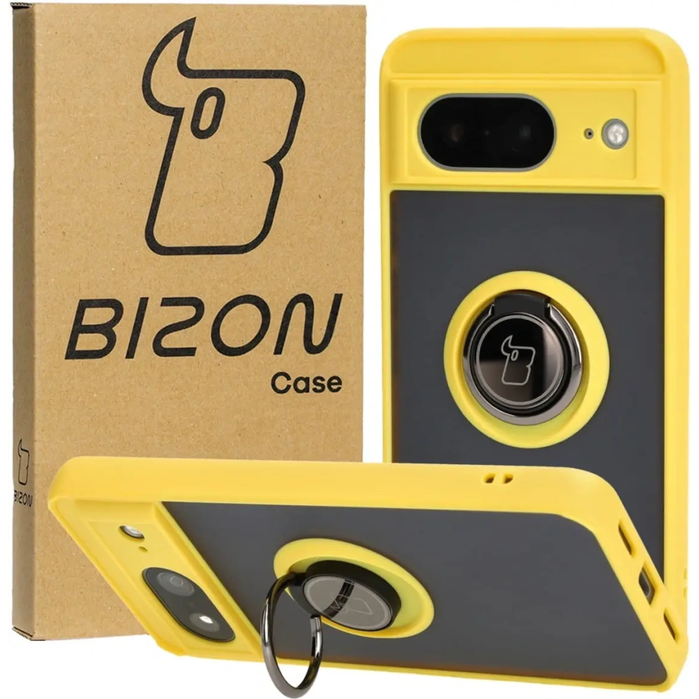 Etui z uchwytem na palec Bizon Case Hybrid Ring do Google Pixel 8 przydymione z żółtą ramką