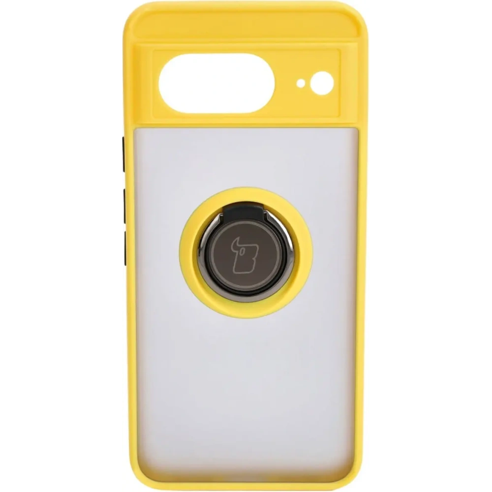 Etui z uchwytem na palec Bizon Case Hybrid Ring do Google Pixel 8 przydymione z żółtą ramką