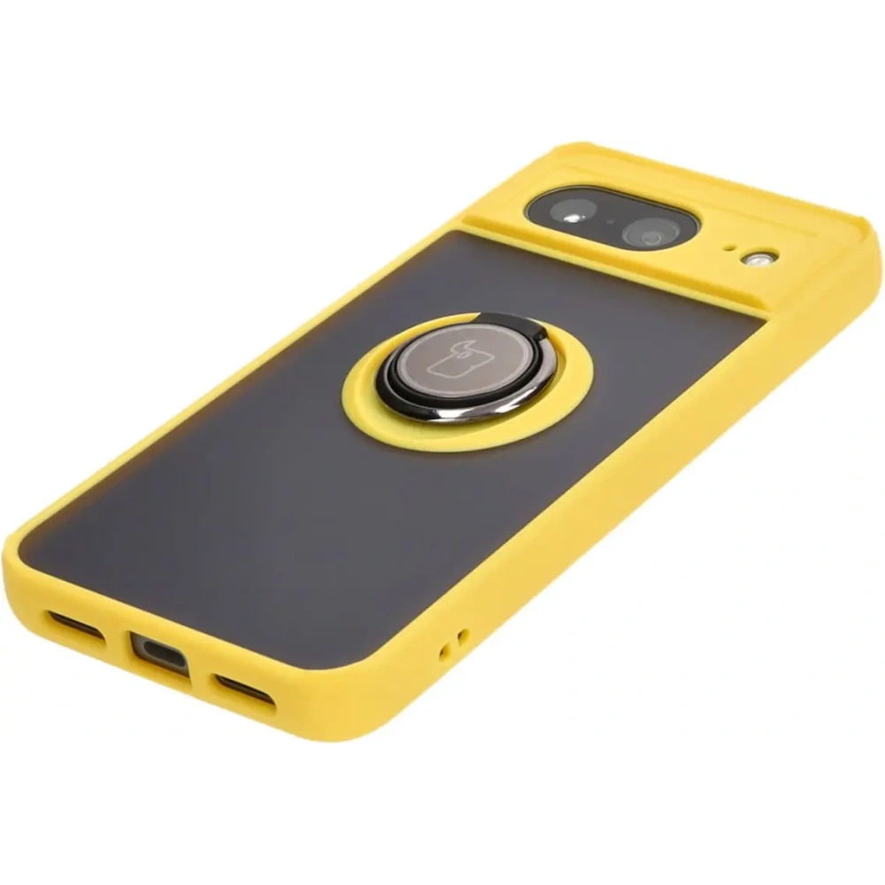 Etui z uchwytem na palec Bizon Case Hybrid Ring do Google Pixel 8 przydymione z żółtą ramką