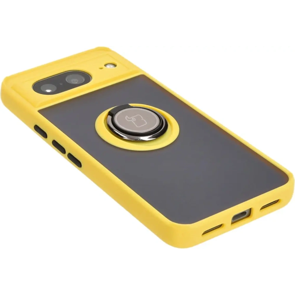 Etui z uchwytem na palec Bizon Case Hybrid Ring do Google Pixel 8 przydymione z żółtą ramką
