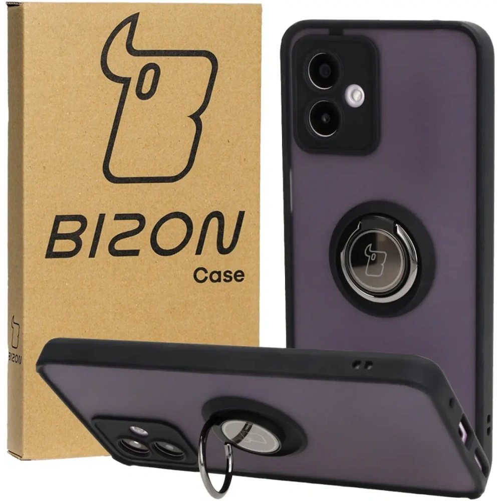 Etui z uchwytem na palec Bizon Case Hybrid Ring do Motorola Moto G14 przydymione z czarną ramką