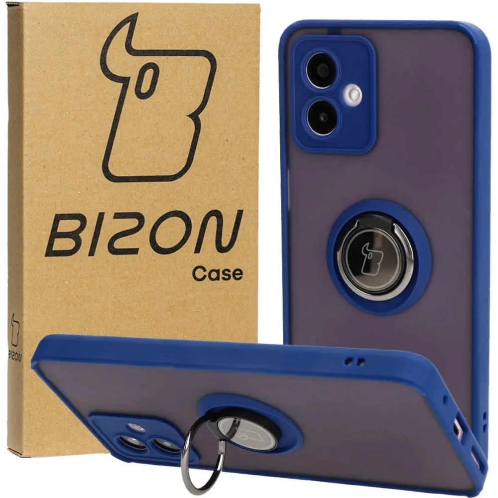 Etui z uchwytem na palec Bizon Case Hybrid Ring do Motorola Moto G14 przydymione z granatową ramką