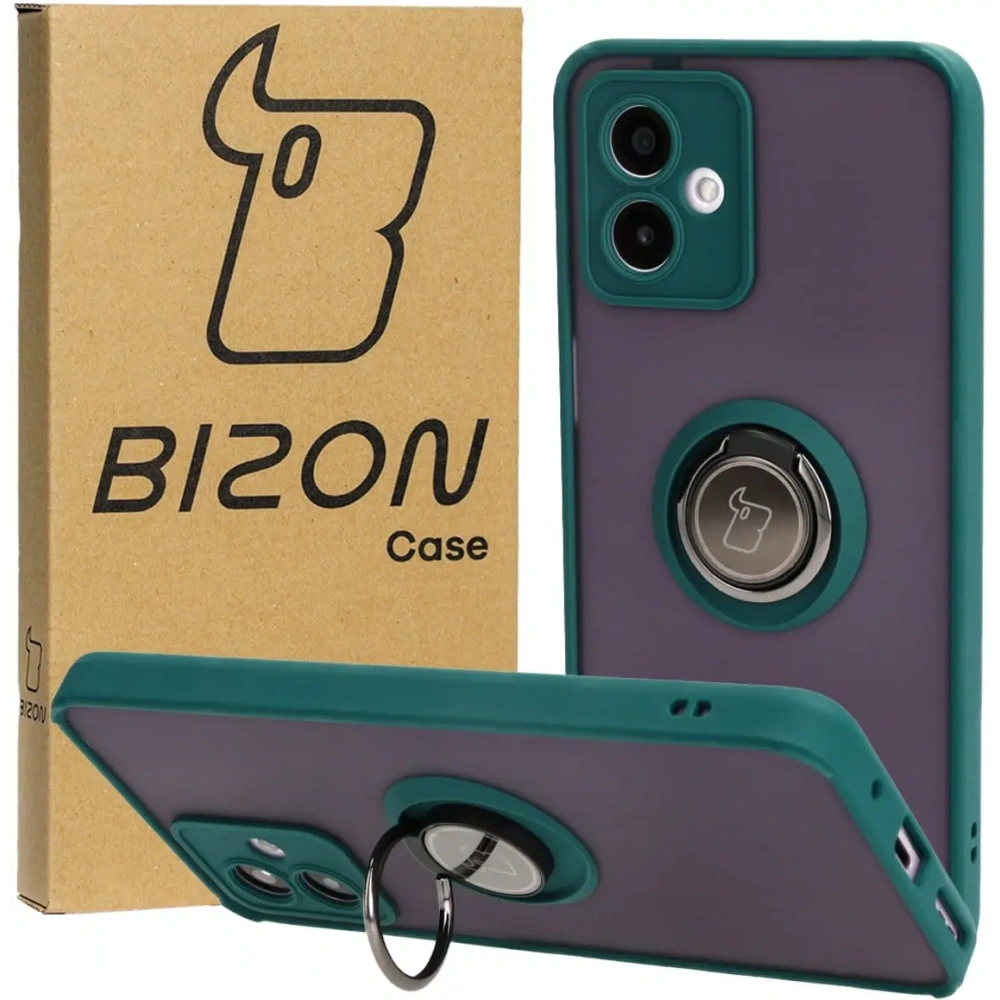 Etui z uchwytem na palec Bizon Case Hybrid Ring do Motorola Moto G14 przydymione z ciemnozieloną ramką