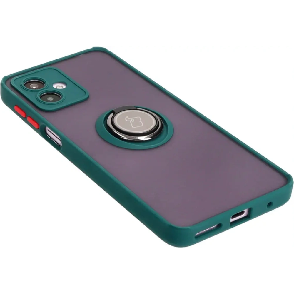 Etui z uchwytem na palec Bizon Case Hybrid Ring do Motorola Moto G14 przydymione z ciemnozieloną ramką