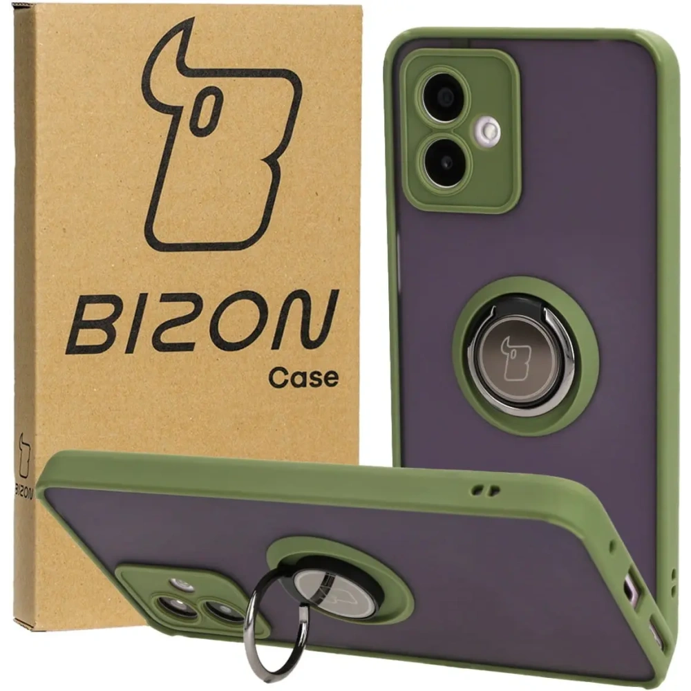 Etui z uchwytem na palec Bizon Case Hybrid Ring do Motorola Moto G14 przydymione z zieloną ramką