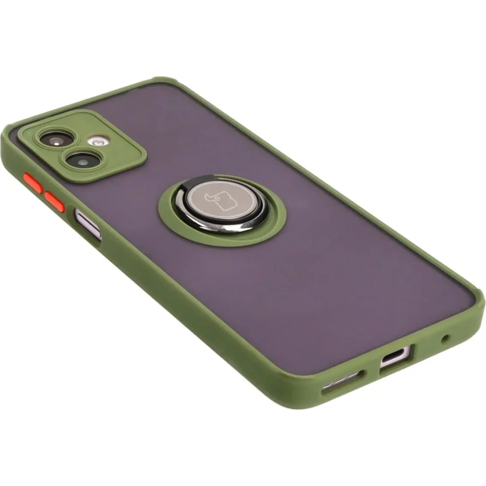 Etui z uchwytem na palec Bizon Case Hybrid Ring do Motorola Moto G14 przydymione z zieloną ramką