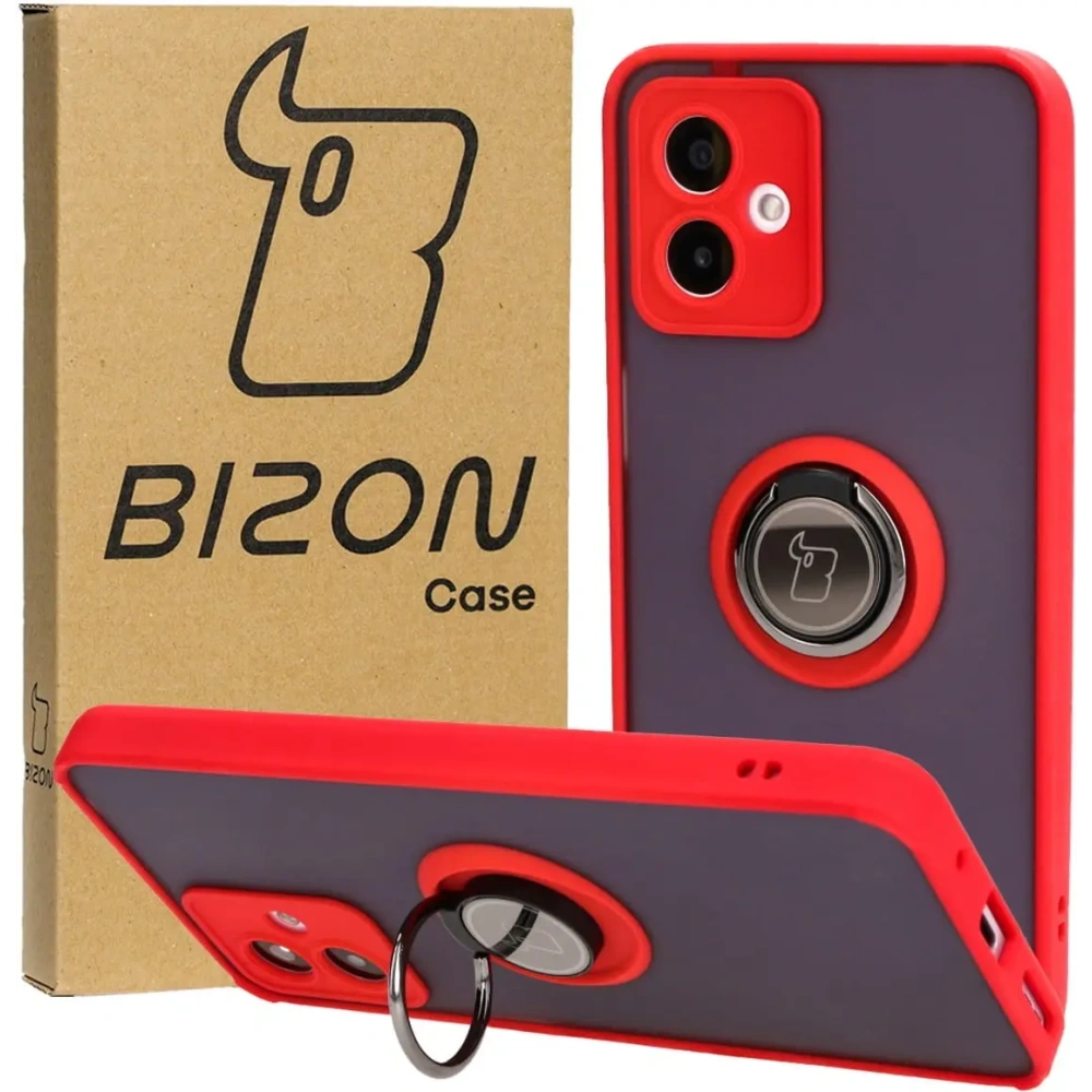 Etui z uchwytem na palec Bizon Case Hybrid Ring do Motorola Moto G14 przydymione z czerwoną ramką
