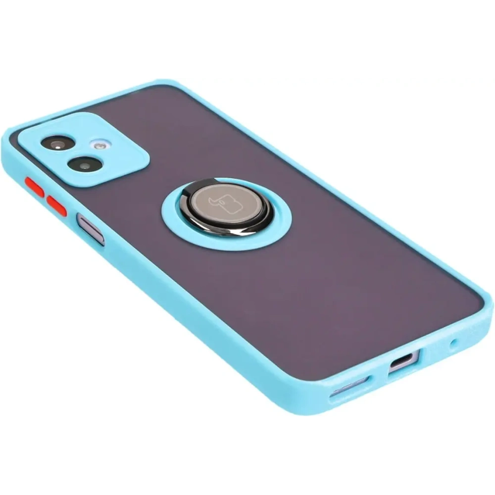 Etui z uchwytem na palec Bizon Case Hybrid Ring do Motorola Moto G14 przydymione z jasnoniebieską ramką