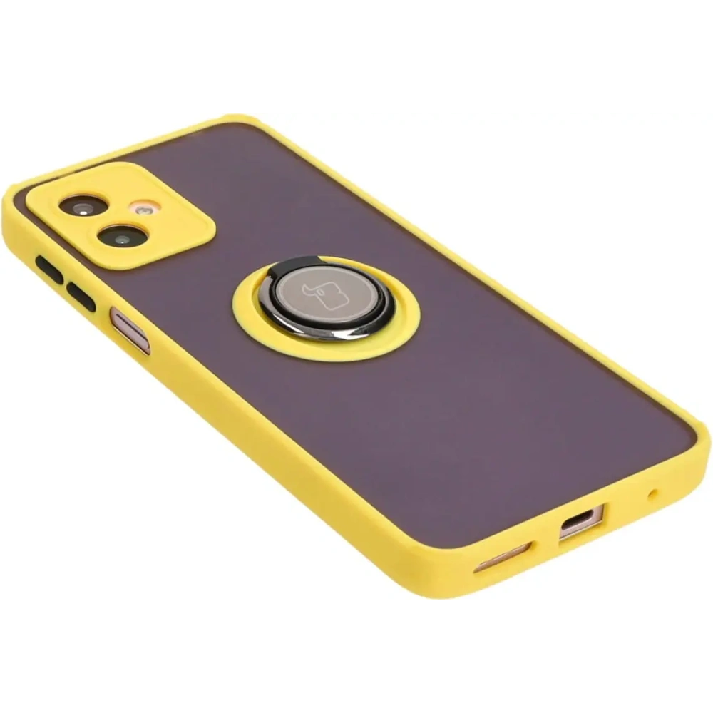 Etui z uchwytem na palec Bizon Case Hybrid Ring do Motorola Moto G14 przydymione z żółtą ramką