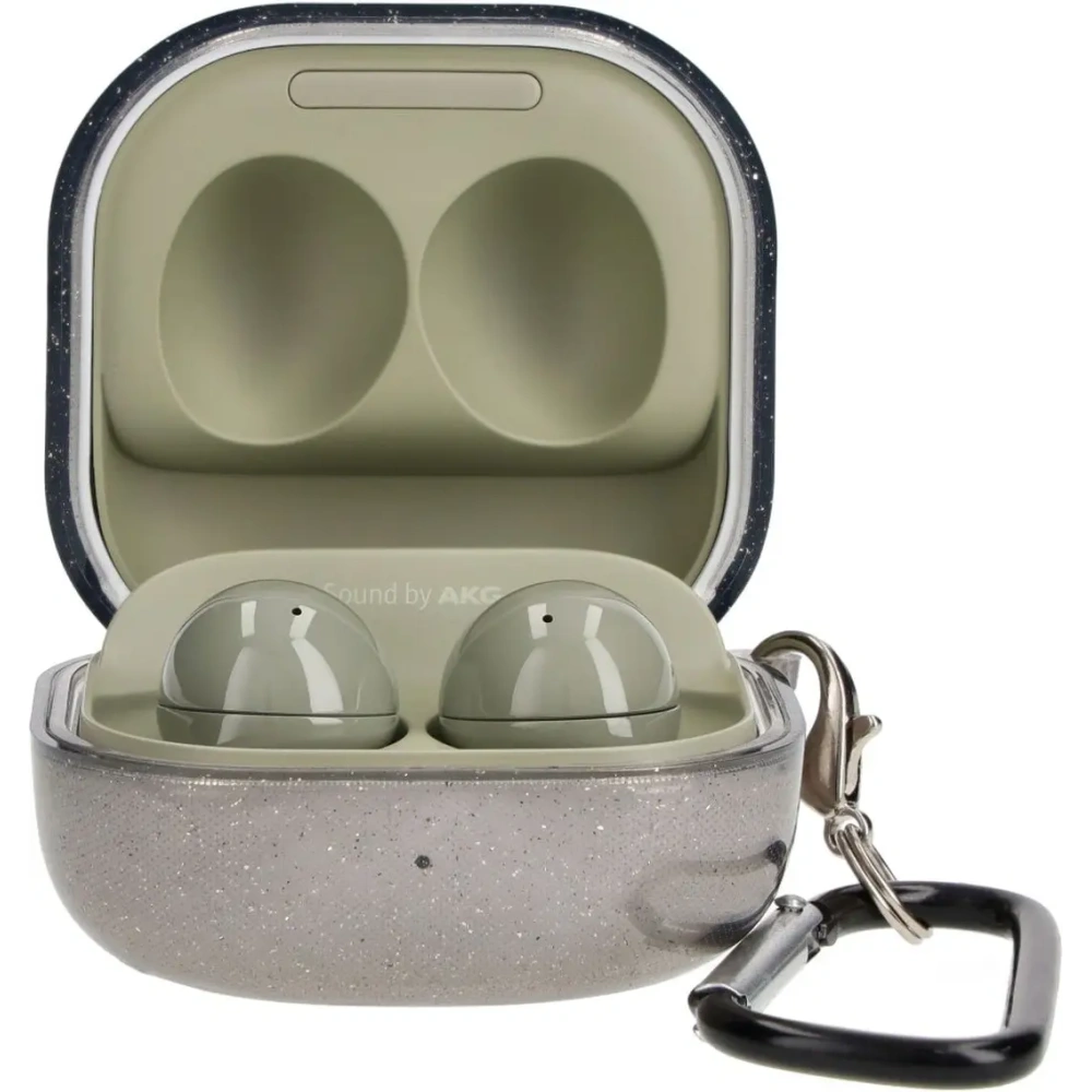 Etui Bizon Case Headphone Clear do Samsung Galaxy Buds Live / Pro / Buds2 / Buds2 Pro / Buds FE czarno-brokatowe