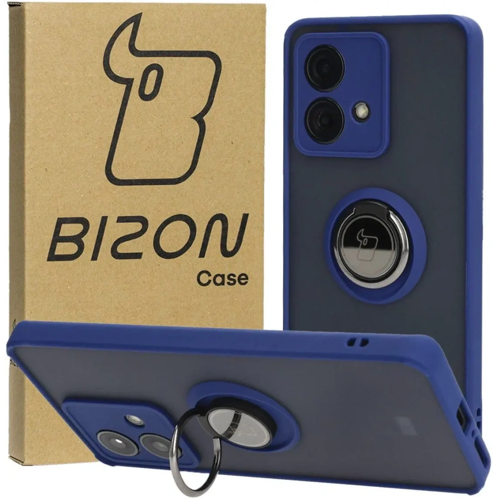 Etui z uchwytem na palec Bizon Case Hybrid Ring do Motorola Edge 40 Neo przydymione z granatową ramką