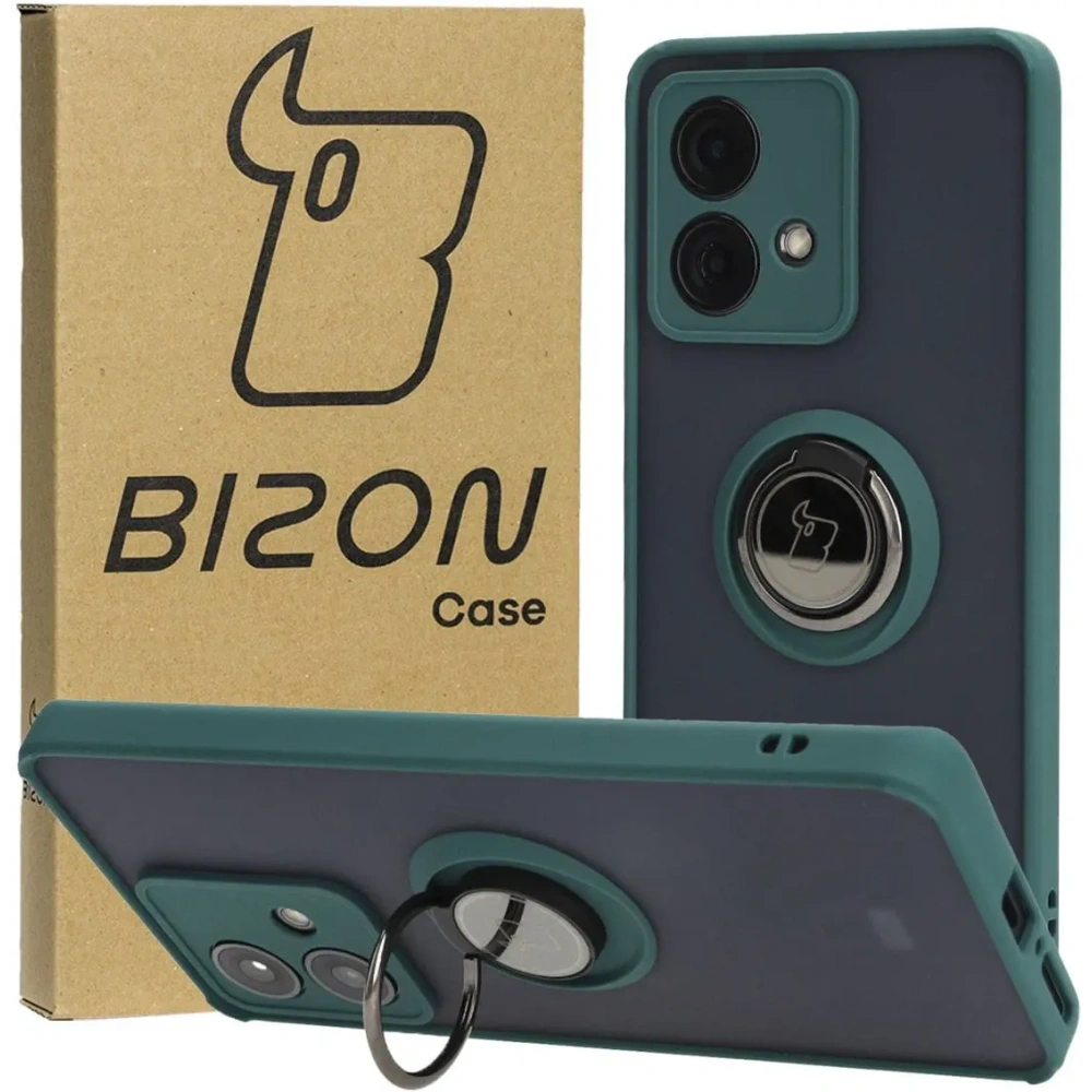 Etui z uchwytem na palec Bizon Case Hybrid Ring do Motorola Edge 40 Neo przydymione z ciemnozieloną ramką