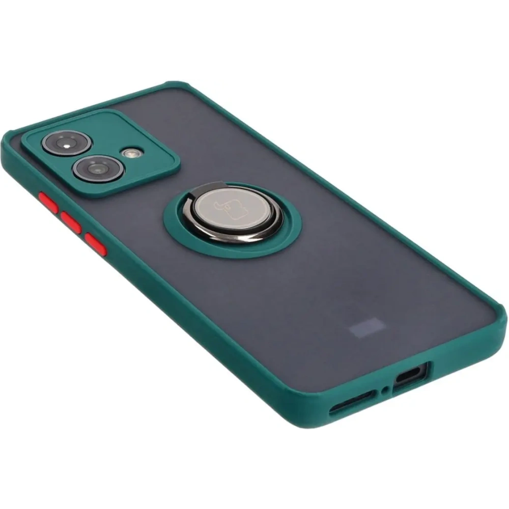 Etui z uchwytem na palec Bizon Case Hybrid Ring do Motorola Edge 40 Neo przydymione z ciemnozieloną ramką