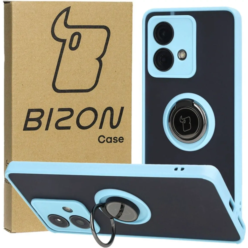 Etui z uchwytem na palec Bizon Case Hybrid Ring do Motorola Edge 40 Neo przydymione z jasnoniebieską ramką