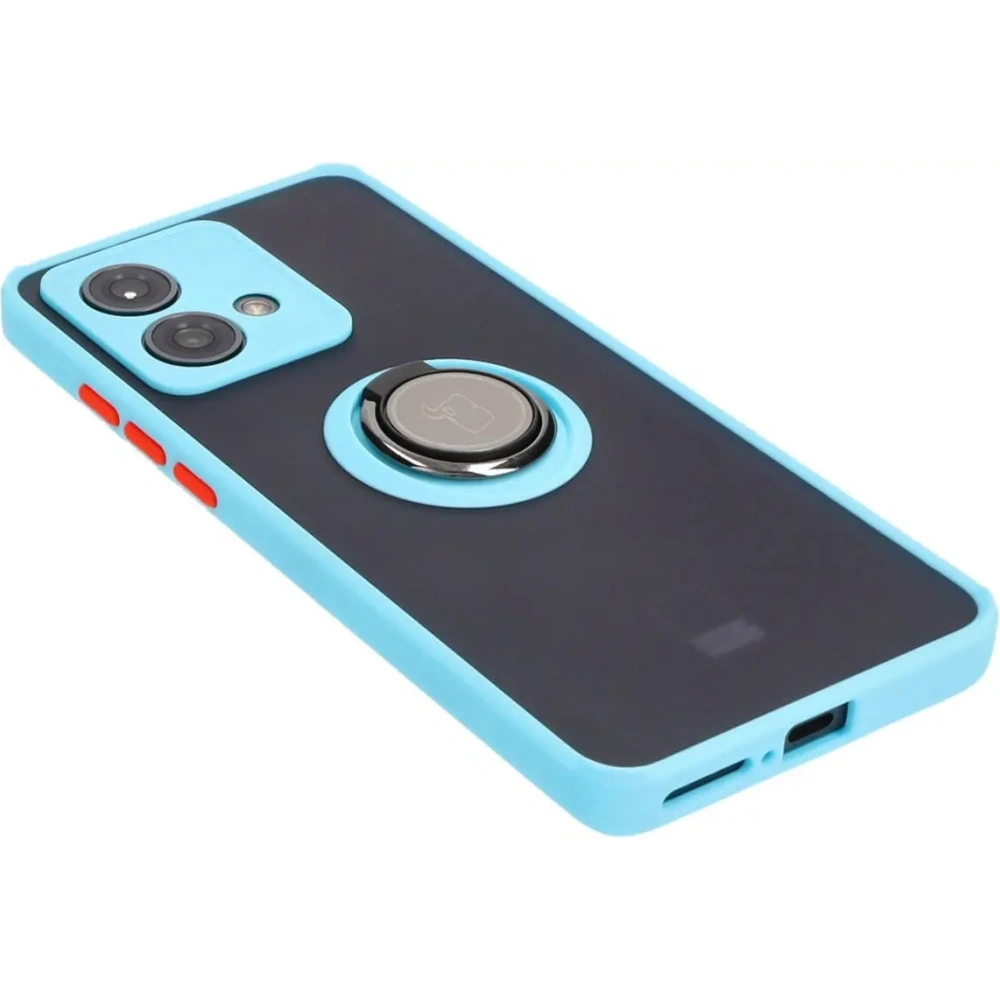 Etui z uchwytem na palec Bizon Case Hybrid Ring do Motorola Edge 40 Neo przydymione z jasnoniebieską ramką
