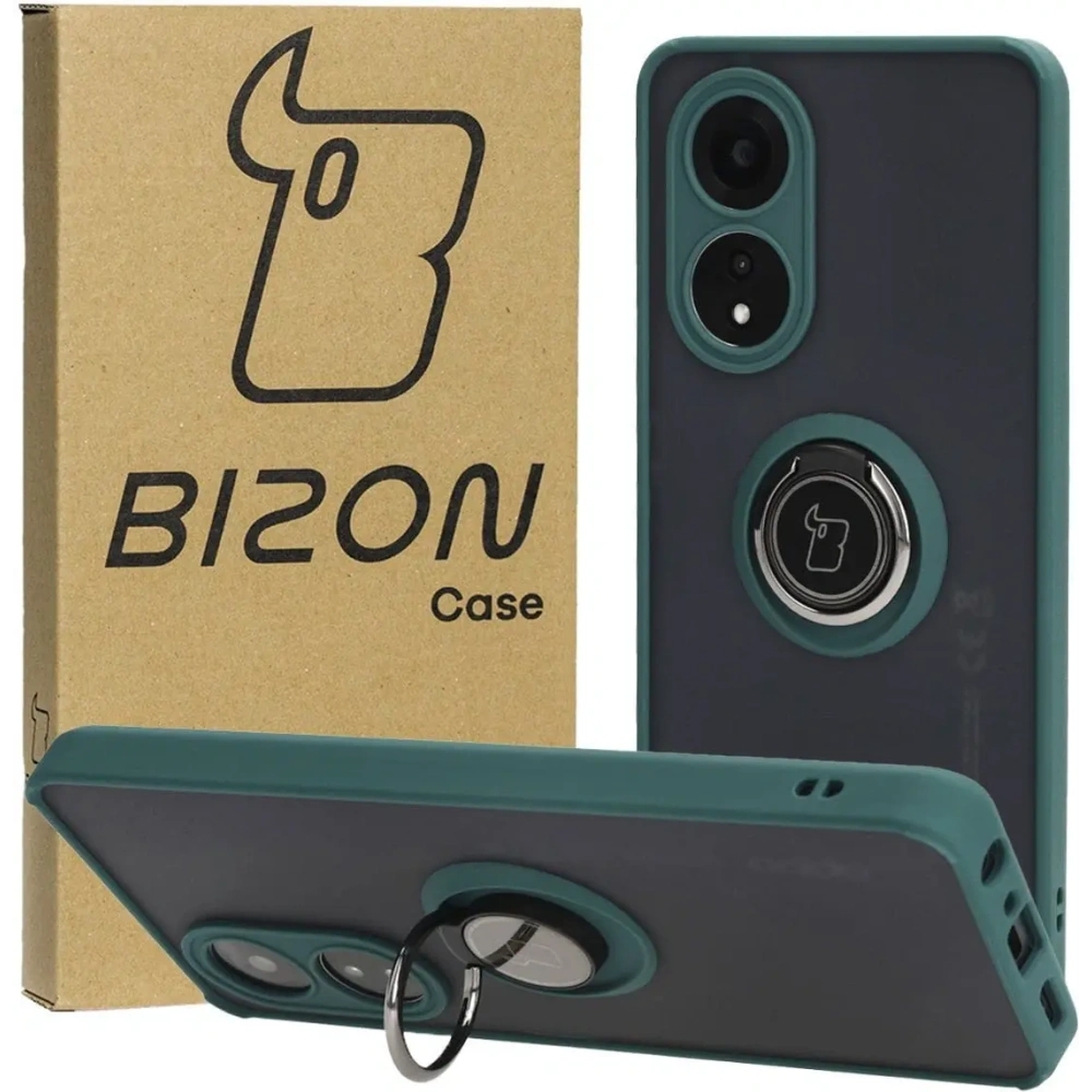 Etui z uchwytem na palec Bizon Case Hybrid Ring do Oppo A58 4G przydymione z ciemnozieloną ramką