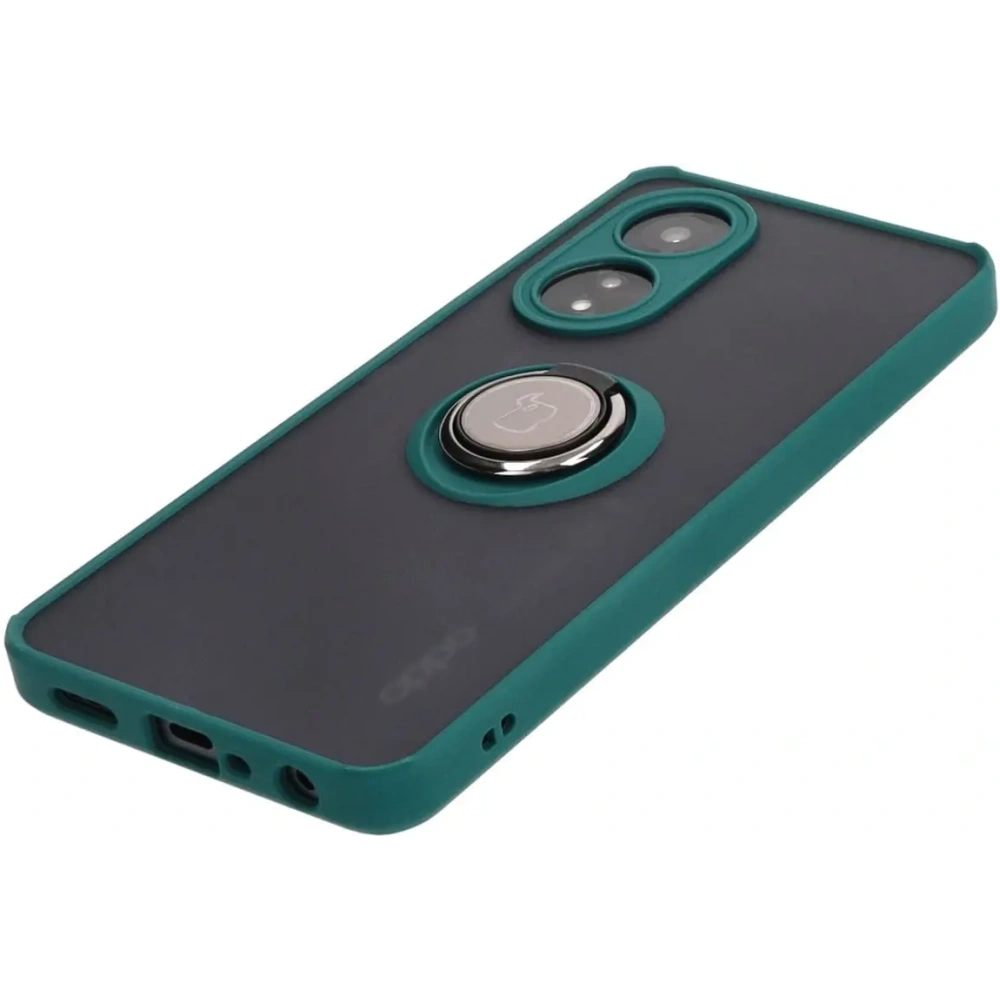 Etui z uchwytem na palec Bizon Case Hybrid Ring do Oppo A58 4G przydymione z ciemnozieloną ramką
