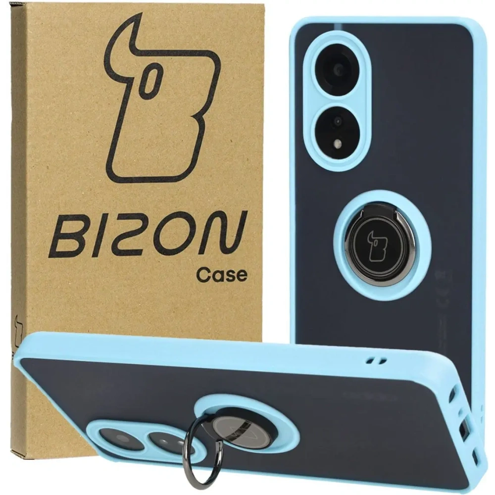 Etui z uchwytem na palec Bizon Case Hybrid Ring do Oppo A58 4G przydymione z jasnoniebieską ramką