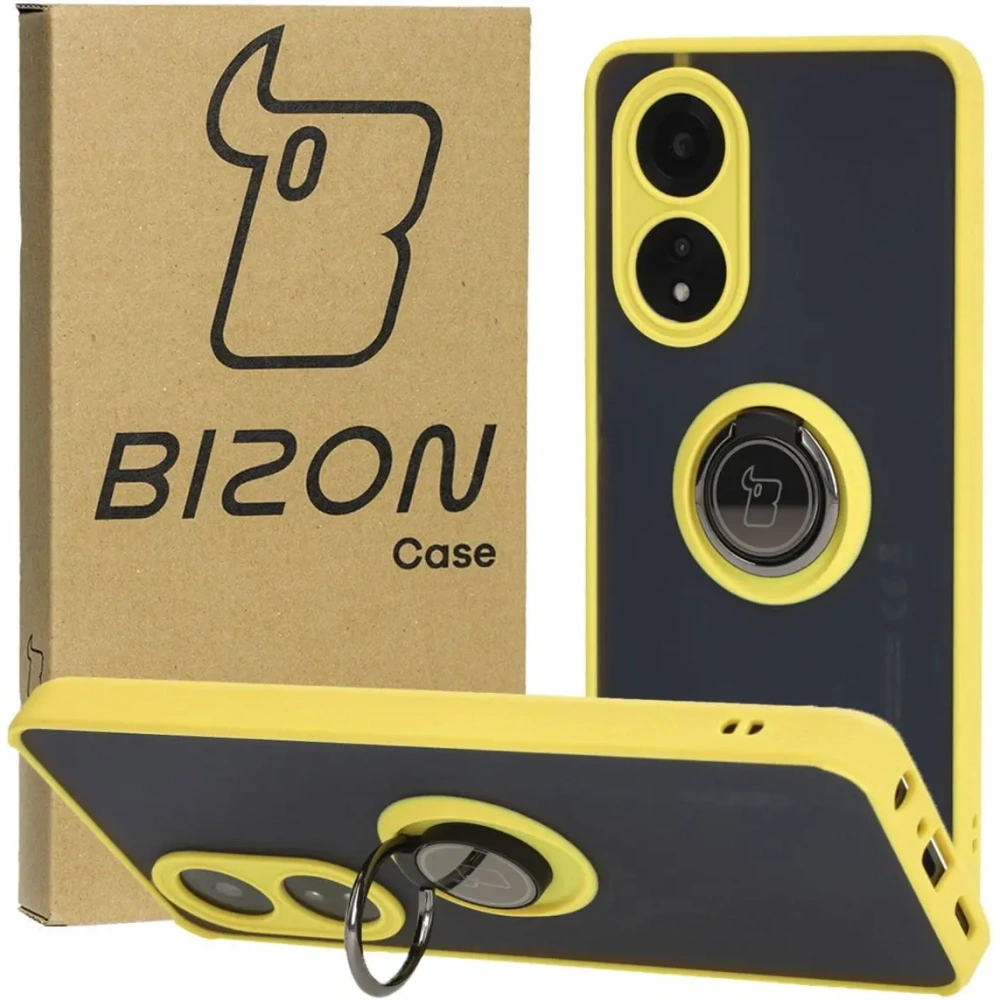 Etui z uchwytem na palec Bizon Case Hybrid Ring do Oppo A58 4G przydymione z żółtą ramką