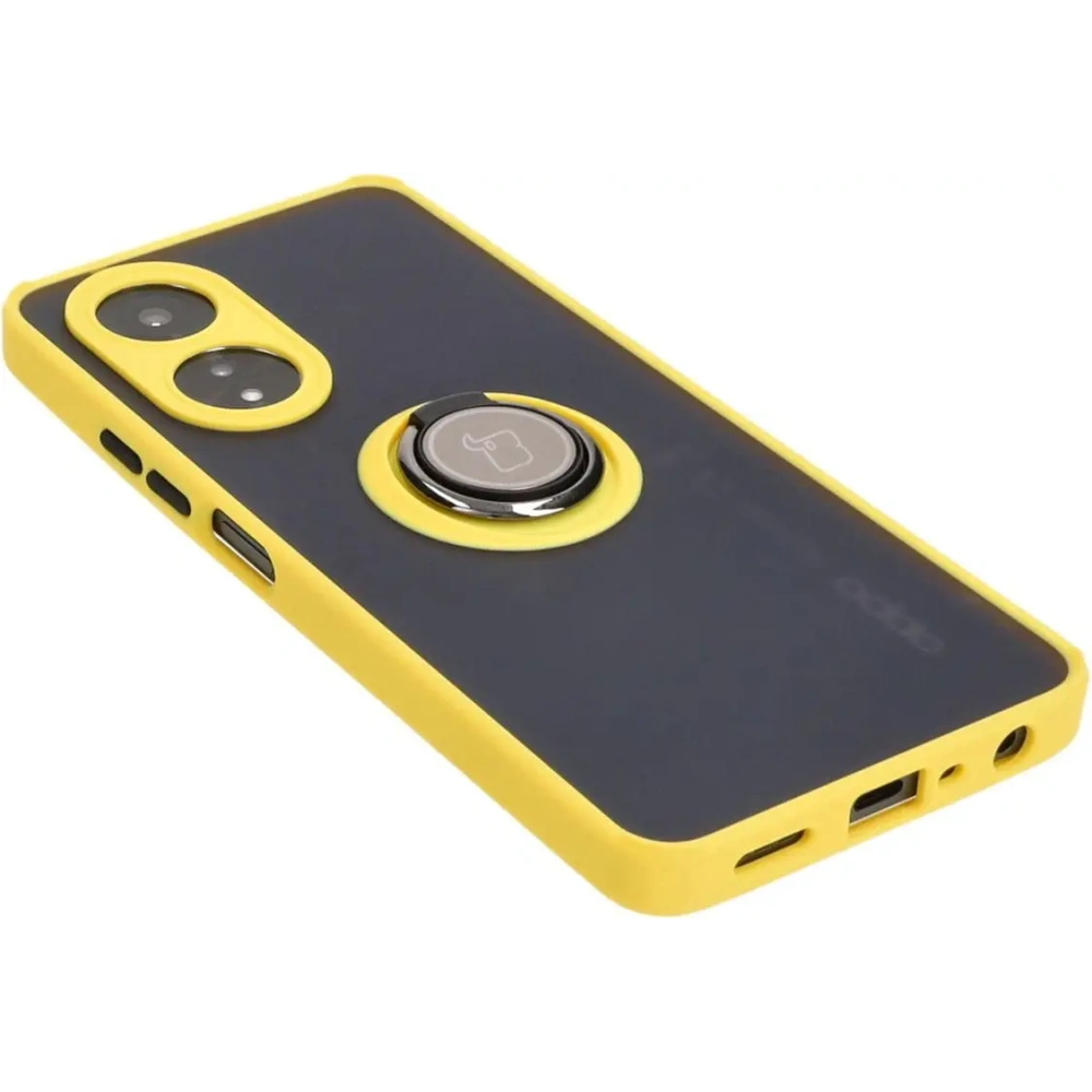 Etui z uchwytem na palec Bizon Case Hybrid Ring do Oppo A58 4G przydymione z żółtą ramką