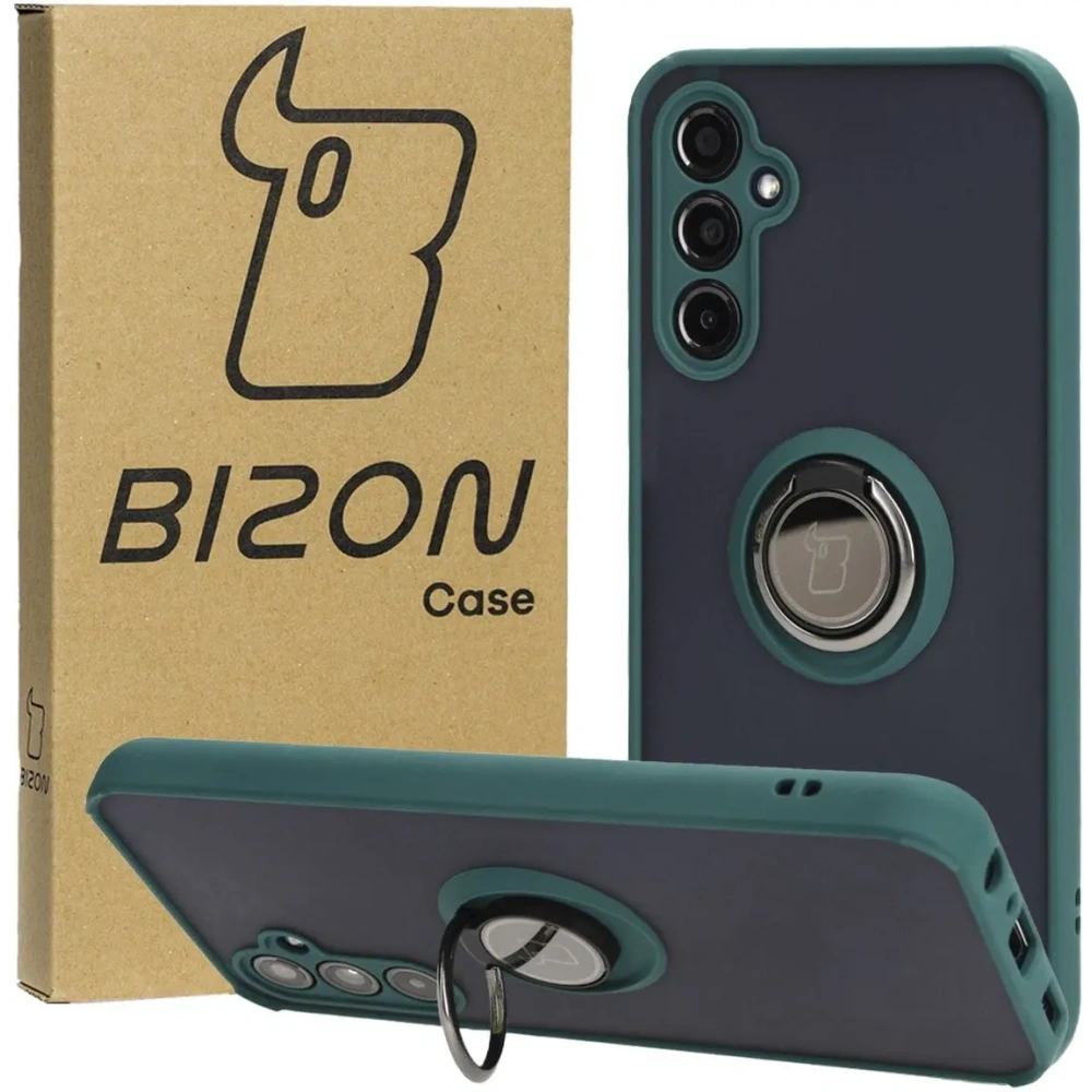 Etui z uchwytem na palec Bizon Case Hybrid Ring do Samsung Galaxy M34 5G przydymione z ciemnozieloną ramką