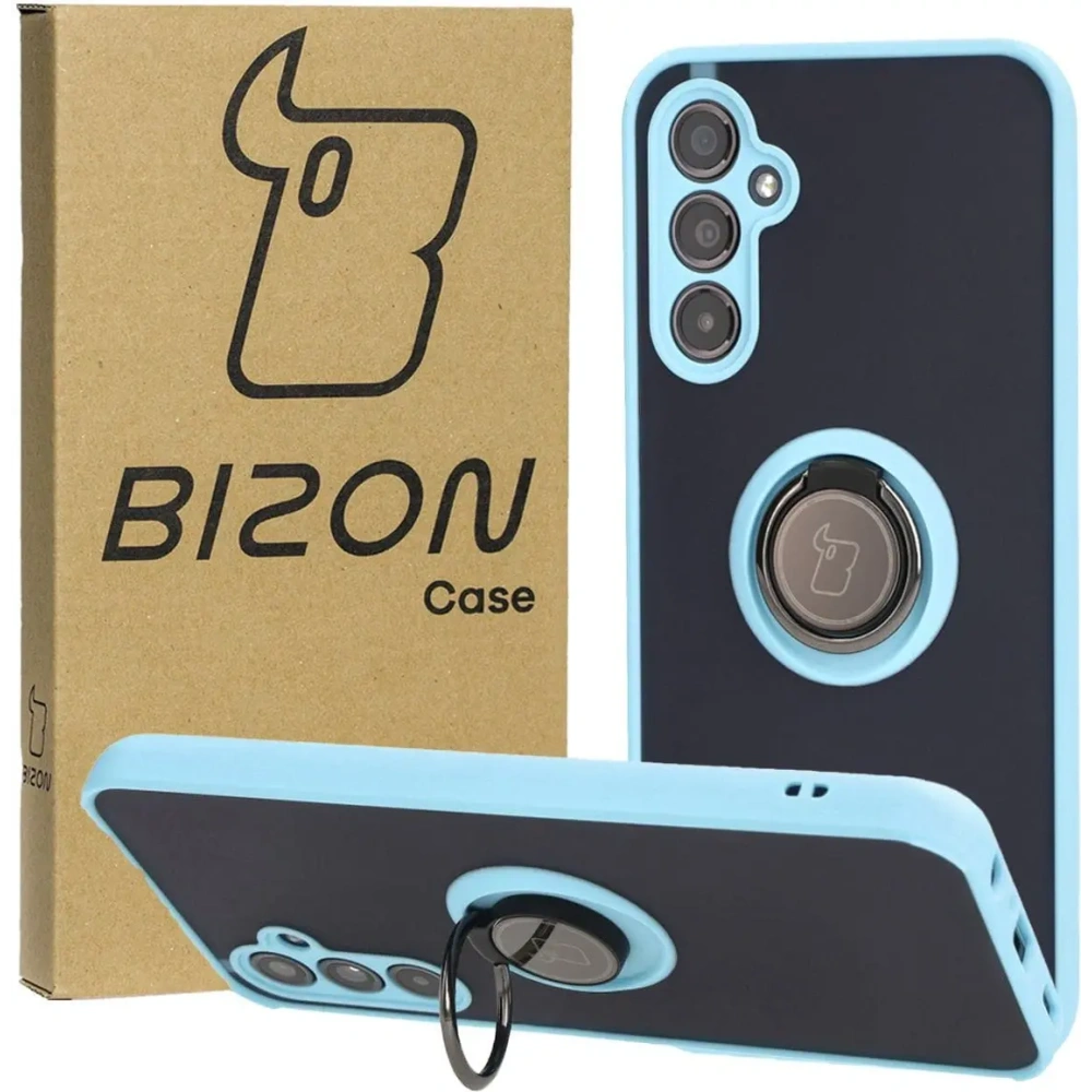 Etui z uchwytem na palec Bizon Case Hybrid Ring do Samsung Galaxy M34 5G przydymione z jasnoniebieską ramką