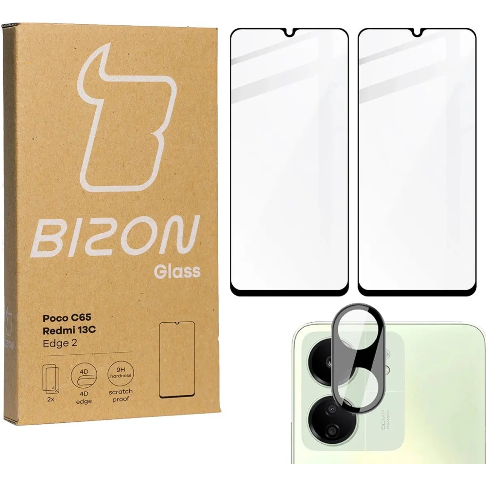 2x Szkło na ekran + szkło na aparat BIZON Edge do Redmi 13C / Poco C65