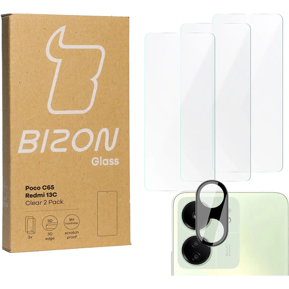 3x Szkło na ekran + szkło na aparat BIZON Clear do Redmi 13C/Poco C65