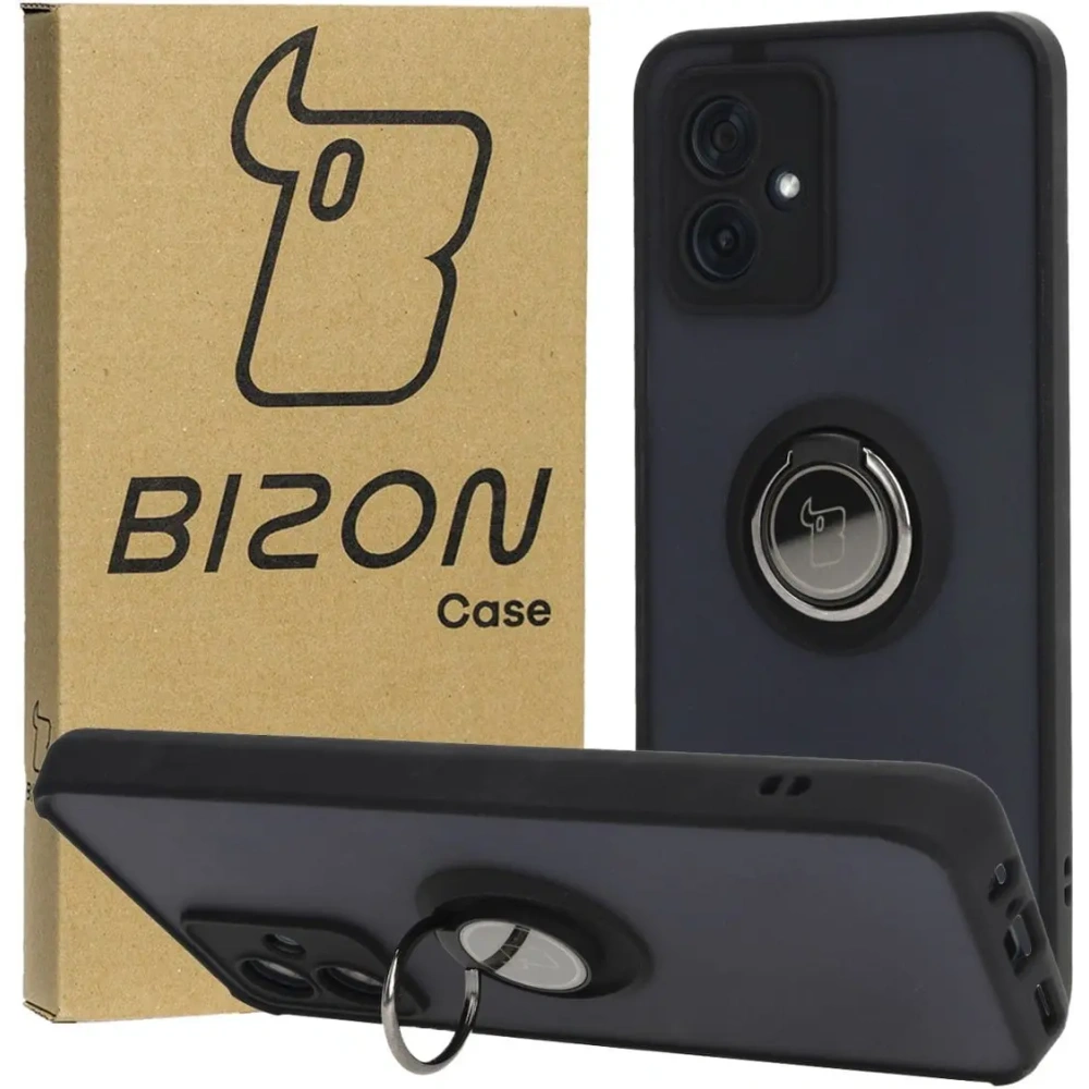 Etui z uchwytem na palec Bizon Case Hybrid Ring do Motorola Moto G54 5G przydymione z czarną ramką