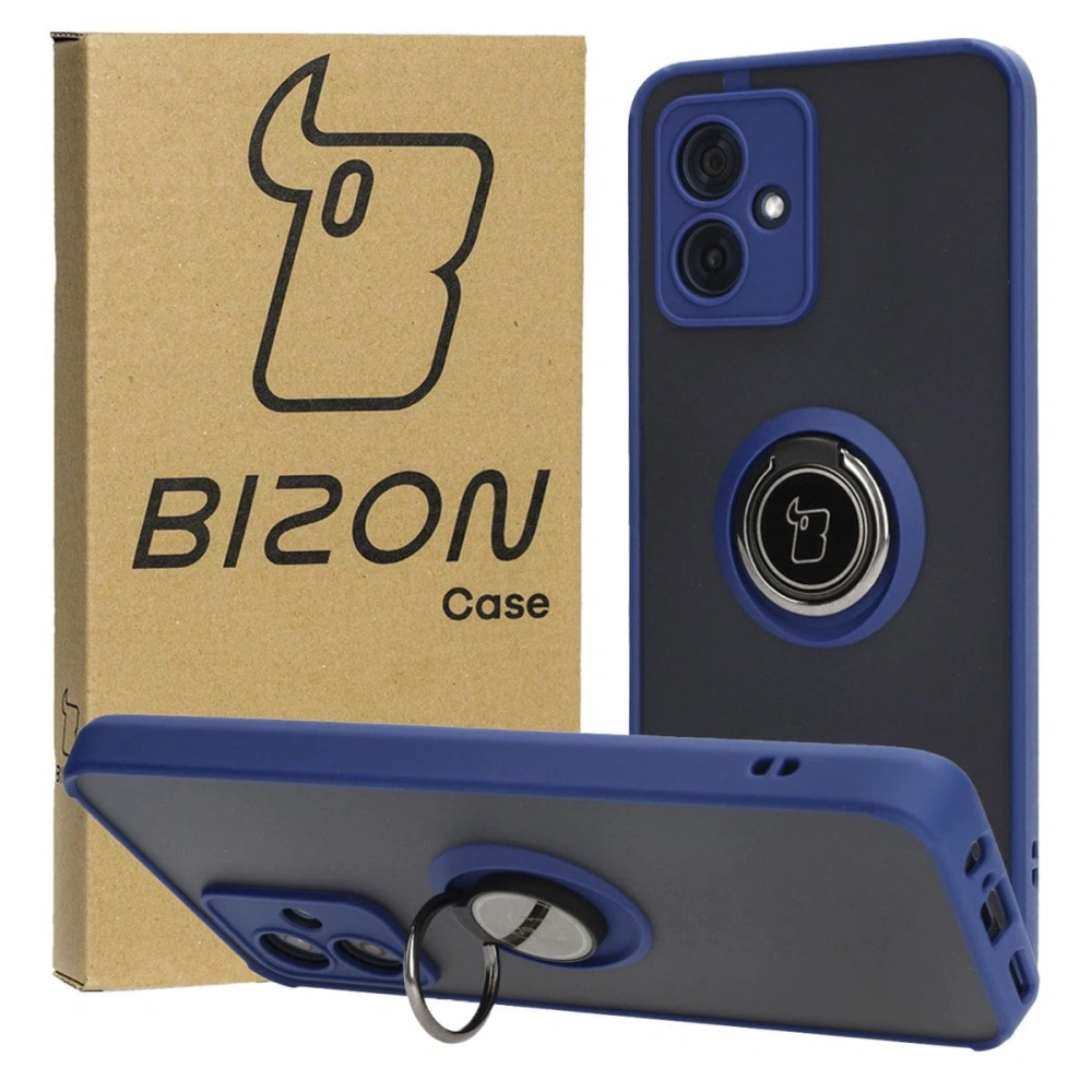 Etui z uchwytem na palec Bizon Case Hybrid Ring do Motorola Moto G54 5G przydymione z granatową ramką