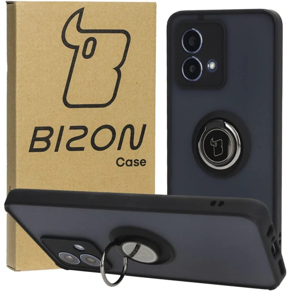 Etui z uchwytem na palec Bizon Case Hybrid Ring do Motorola Moto G84 5G przydymione z czarną ramką